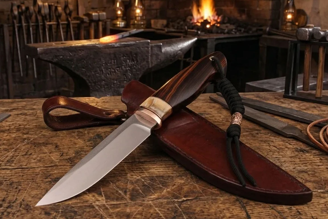 Нож "Соболь" Bohler М390, рукоять айронвуд, стабилизированный зуб мамонта, мокумэ-ганэ.